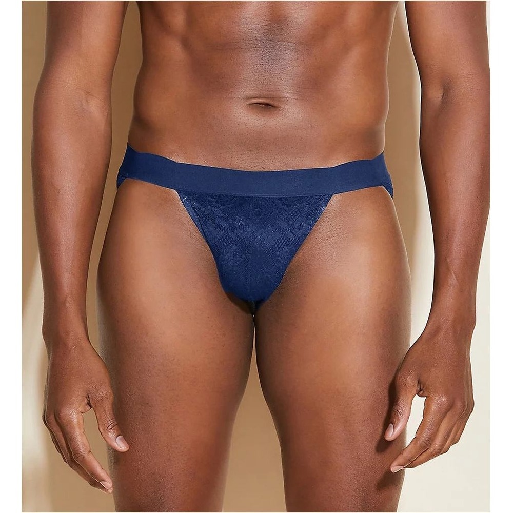 Cosabella Mens Lace Jockstrap Navy Blue Floral Sheer Underwear Strappy Satin XL